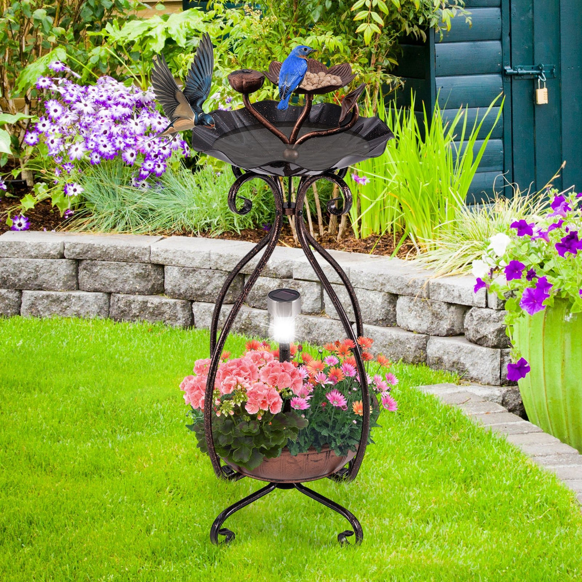 Solar Outdoor Bird Bath Feeder Combo with Flower Planter Pedestal and Solar Lights-Copper view 2