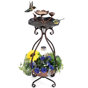 Solar Outdoor Bird Bath Feeder Combo with Flower Planter Pedestal and Solar Lights-Copper view 6