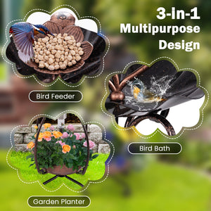 Solar Outdoor Bird Bath Feeder Combo with Flower Planter Pedestal and Solar Lights-Copper view 8