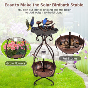 Solar Outdoor Bird Bath Feeder Combo with Flower Planter Pedestal and Solar Lights-Copper view 9