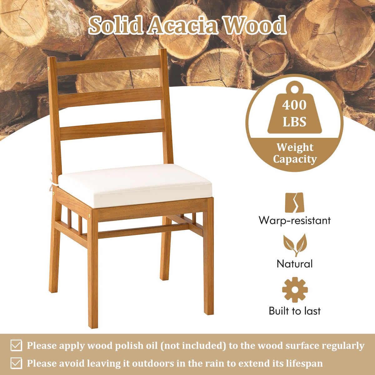 Solid Acacia Wood Patio Chair Set of 2 Armless Chair-White view 5