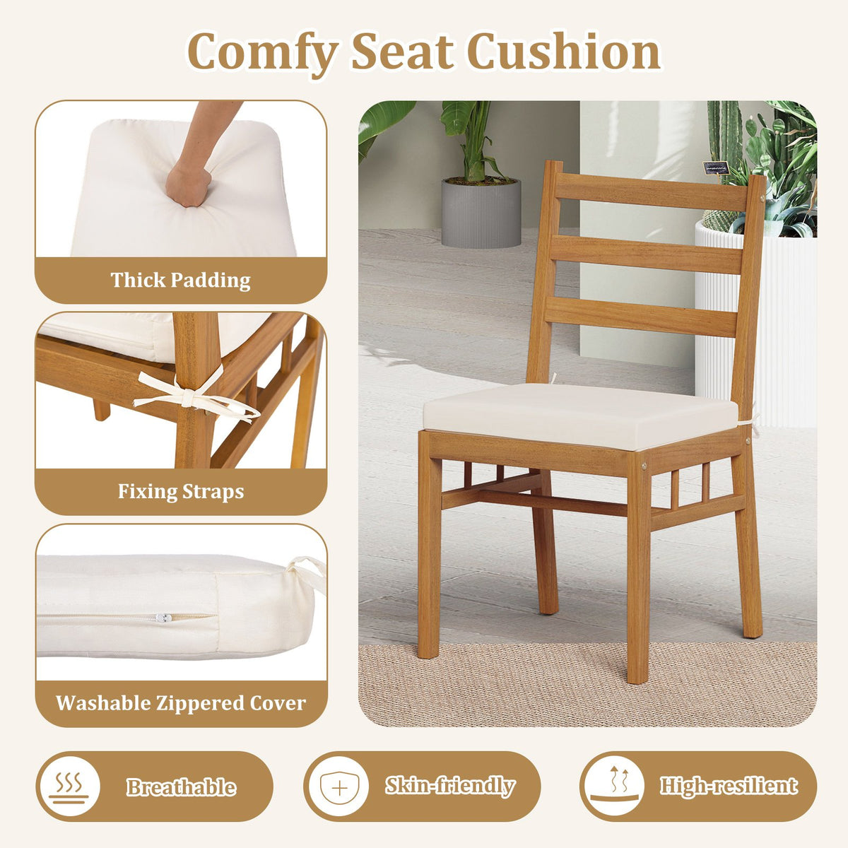 Solid Acacia Wood Patio Chair Set of 2 Armless Chair-White view 6