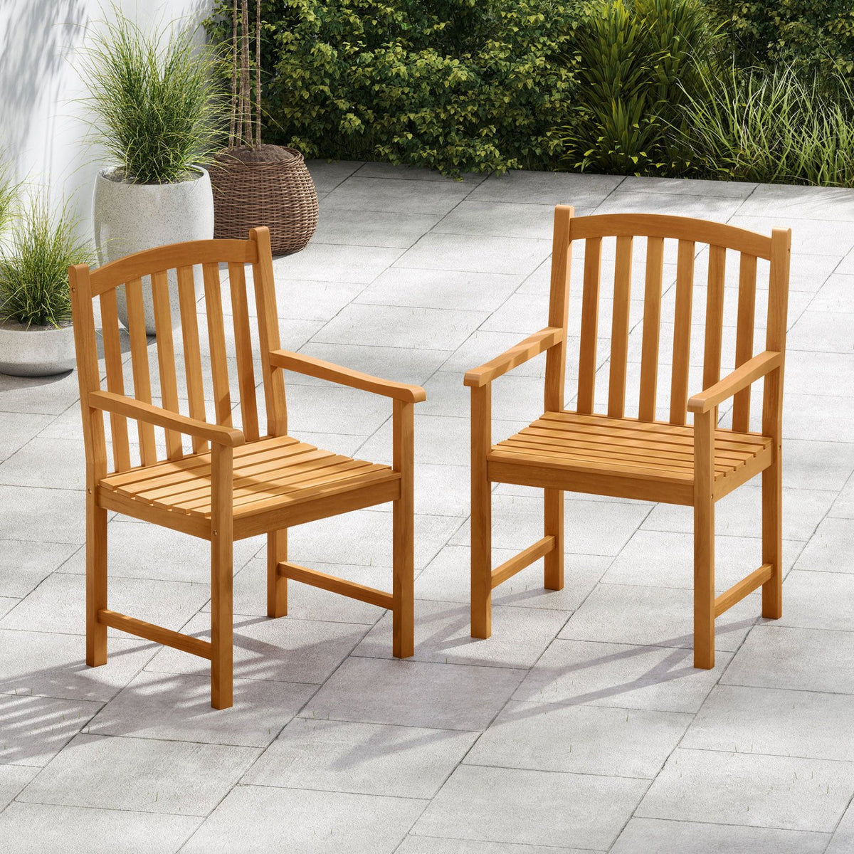 Solid Acacia Wood Patio Chairs Set of 2 with Slatted Seat and Inclined Backrest for Porch view 2