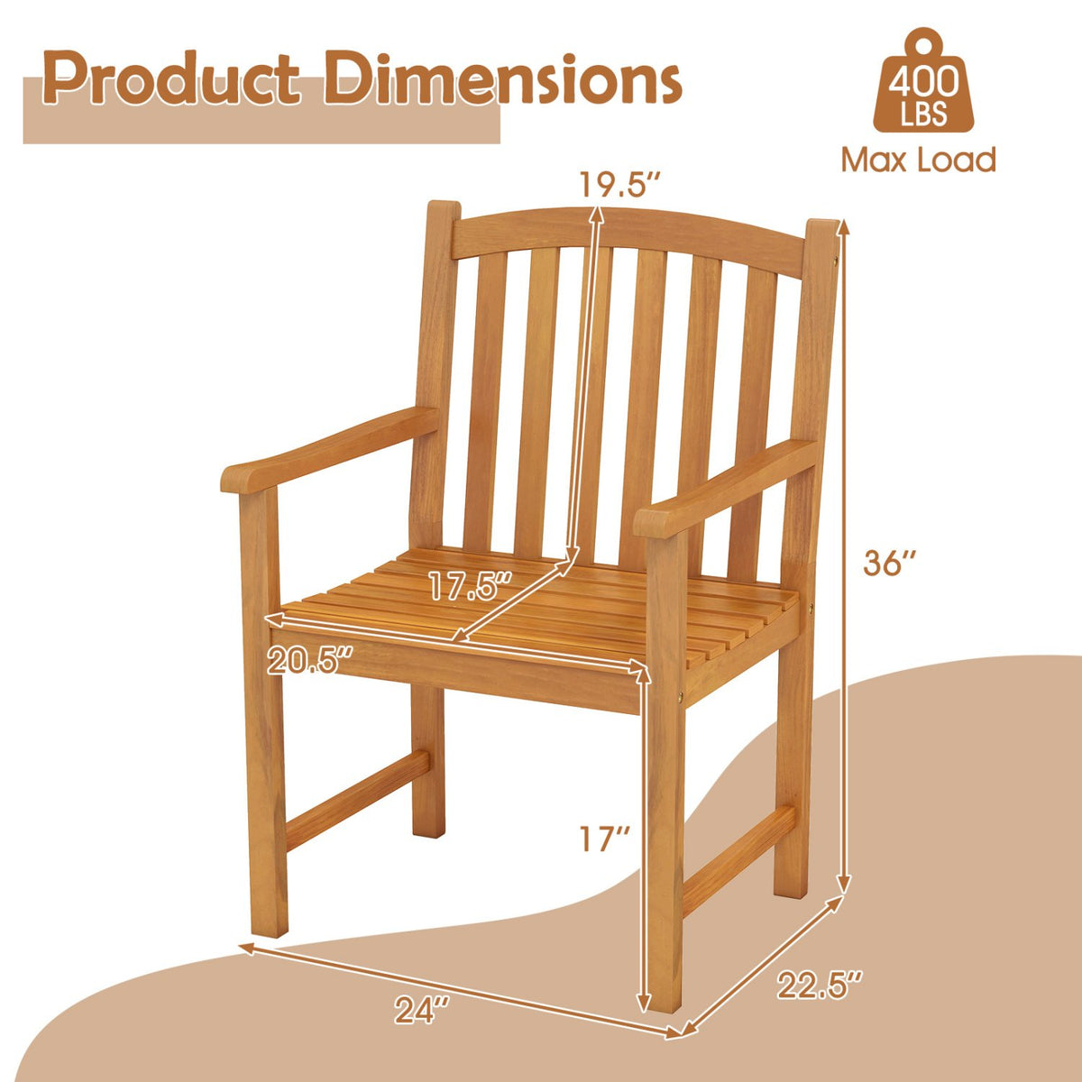 Solid Acacia Wood Patio Chairs Set of 2 with Slatted Seat and Inclined Backrest for Porch view 4