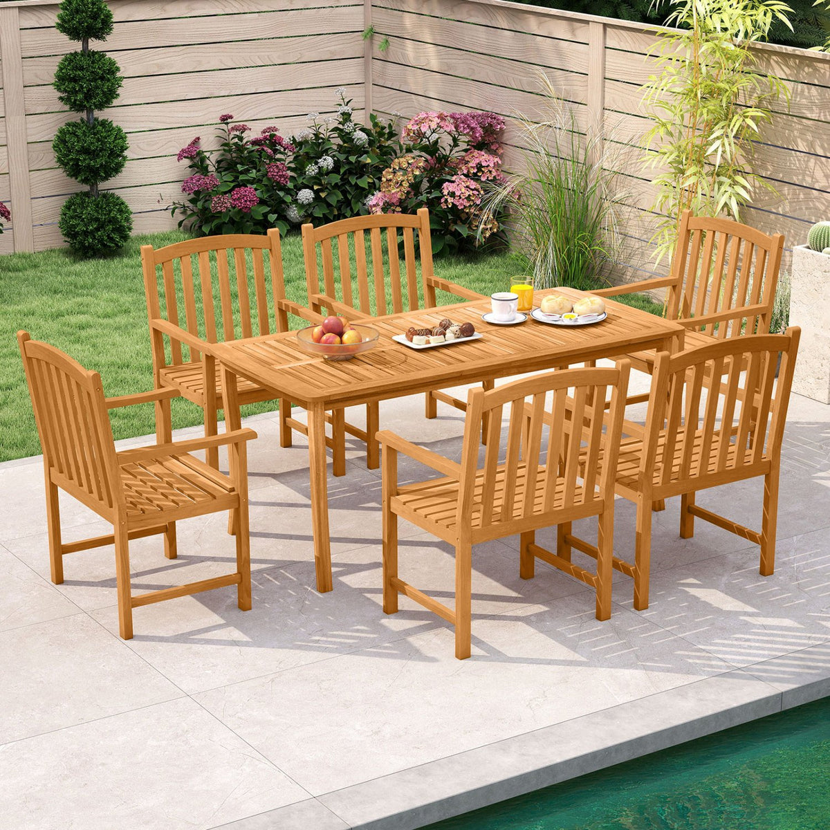 Solid Acacia Wood Patio Chairs Set of 2 with Slatted Seat and Inclined Backrest for Porch view 6