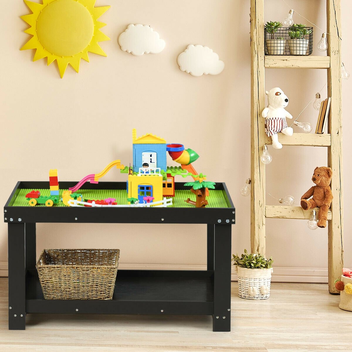 Solid Multifunctional Wood Kids Activity Play Table-Dark Brown view 2