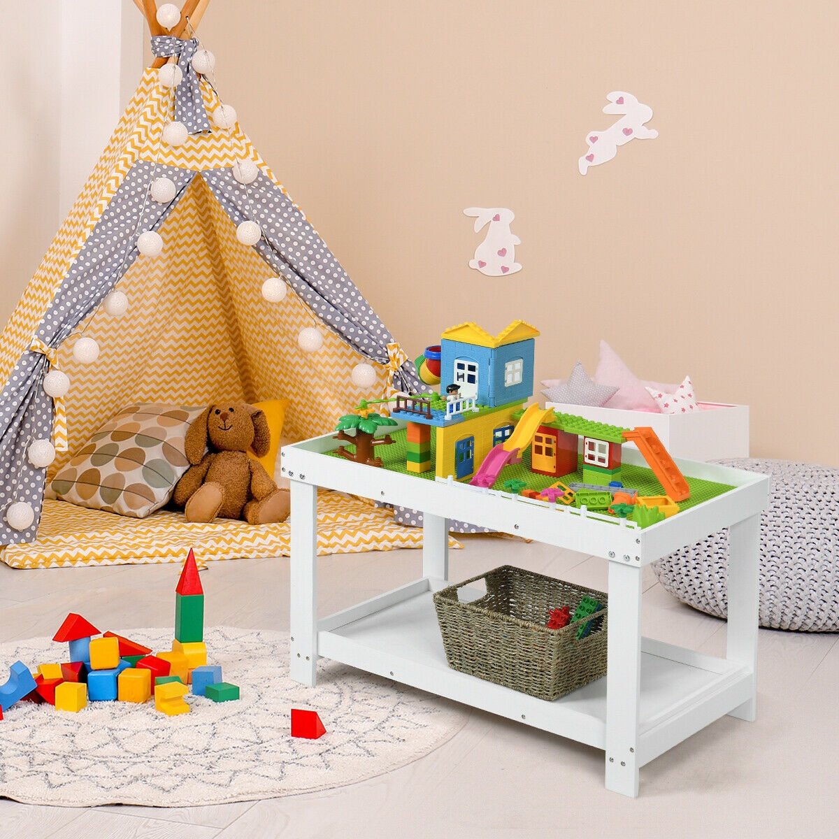 Solid Multifunctional Wood Kids Activity Play Table-White view 2