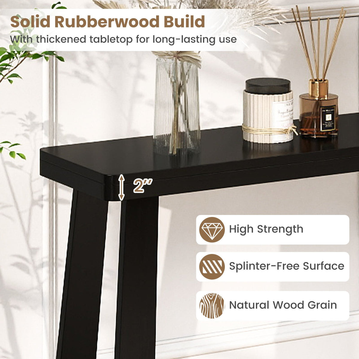 Solid Rubber Wood Console Table 43inch Narrow Entryway Table with Thick Tabletop and Stable Base-Black view 7