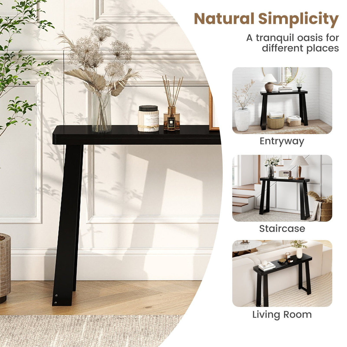 Solid Rubber Wood Console Table 43inch Narrow Entryway Table with Thick Tabletop and Stable Base-Black view 9