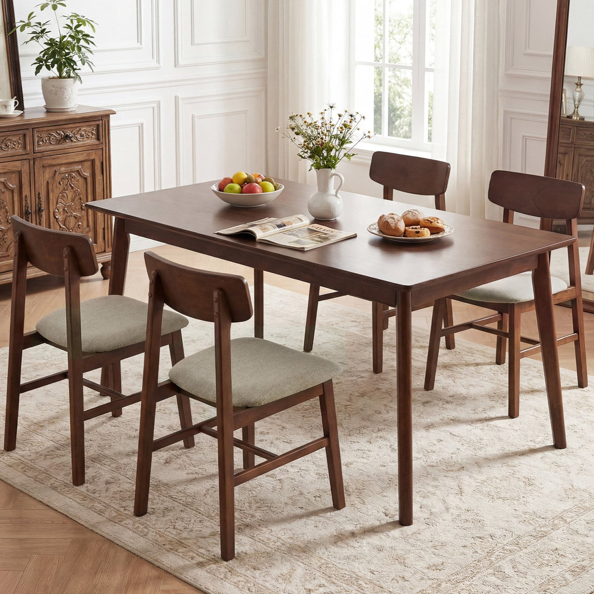 Solid Rubber Wood Dining Chairs Set of 4 with Curved Backrest-Walnut view 3