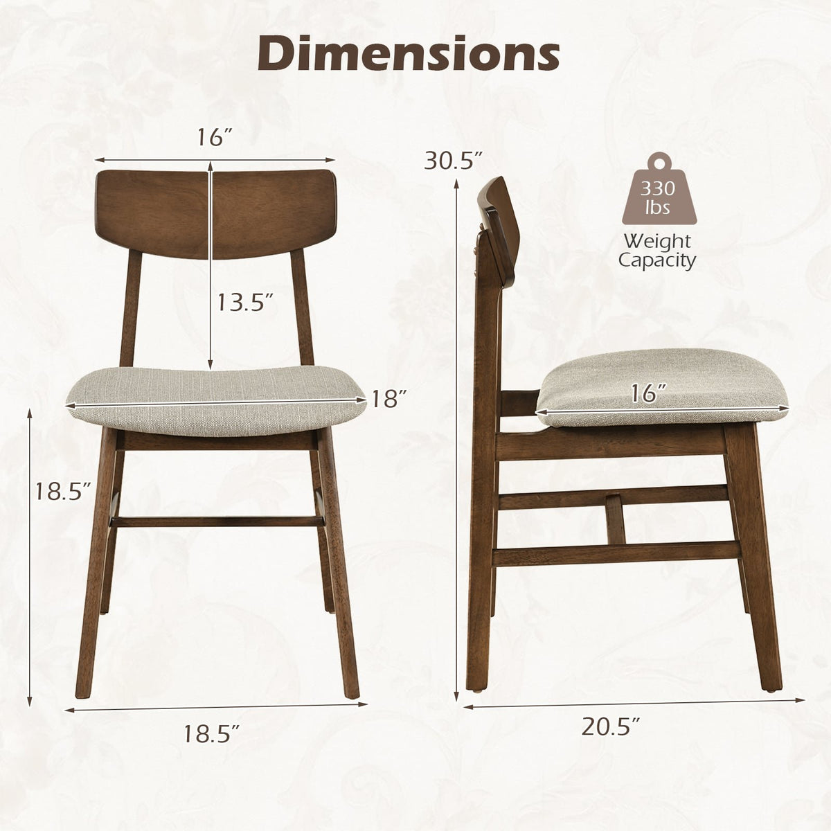 Solid Rubber Wood Dining Chairs Set of 4 with Curved Backrest-Walnut view 4