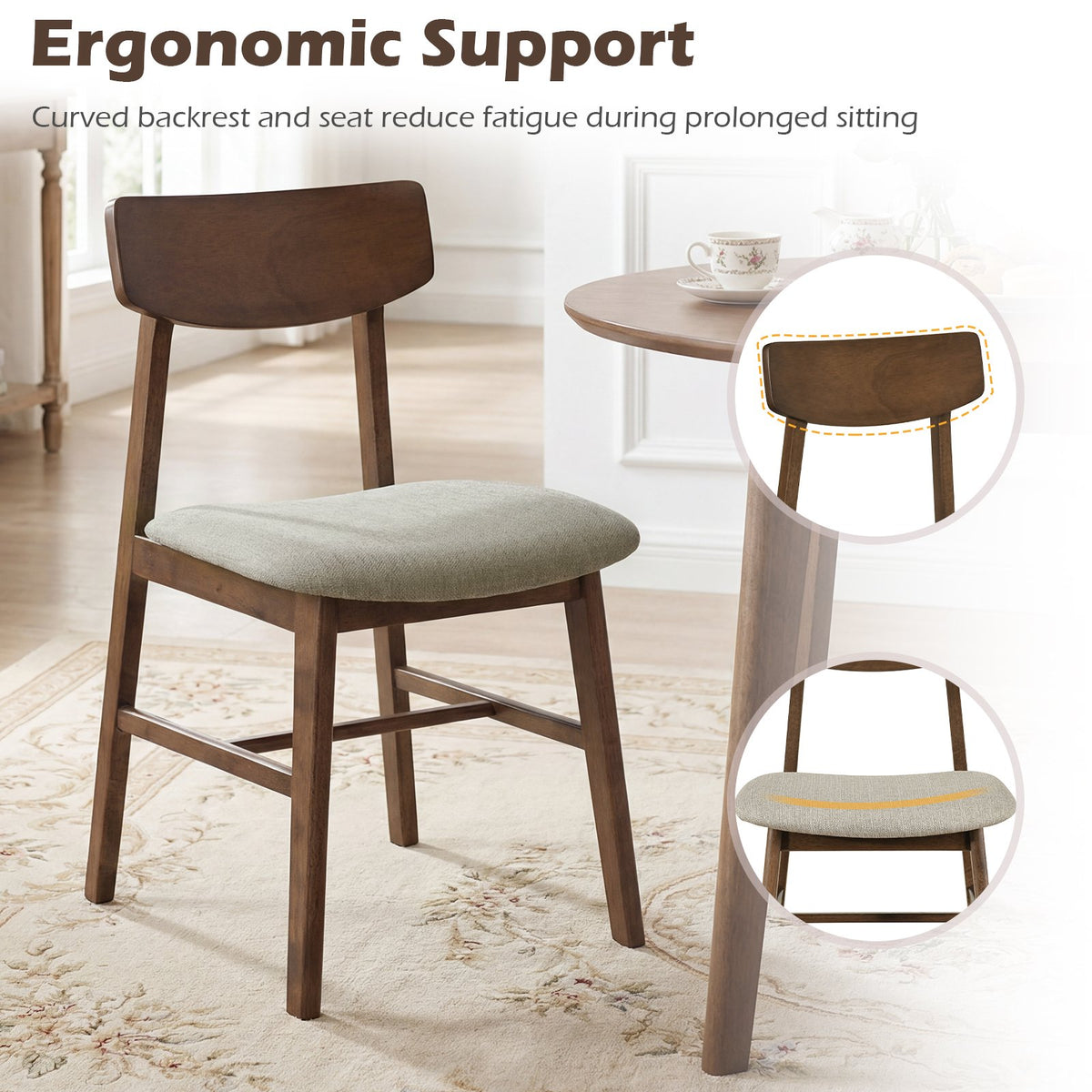 Solid Rubber Wood Dining Chairs Set of 4 with Curved Backrest-Walnut view 7
