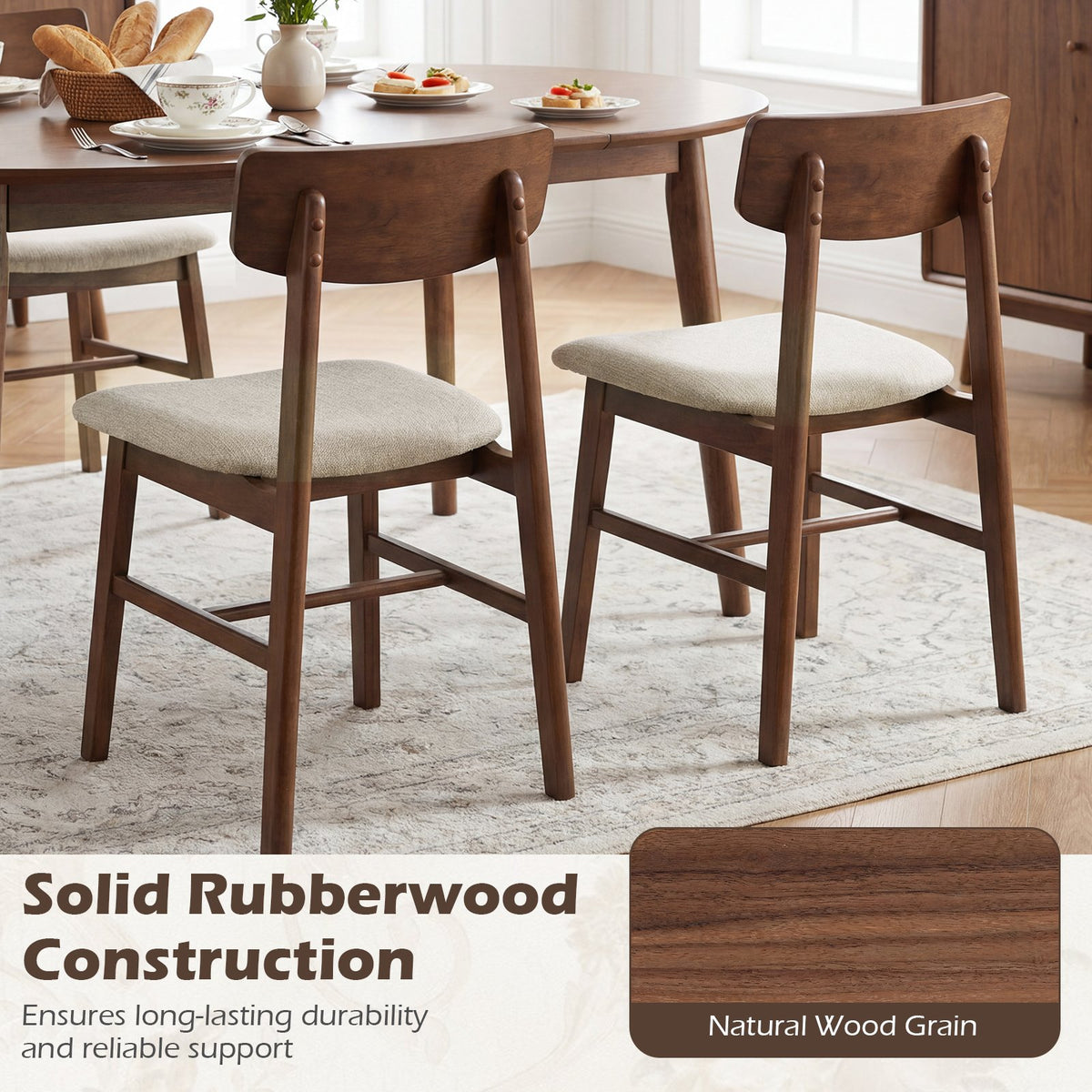 Solid Rubber Wood Dining Chairs Set of 4 with Curved Backrest-Walnut view 8
