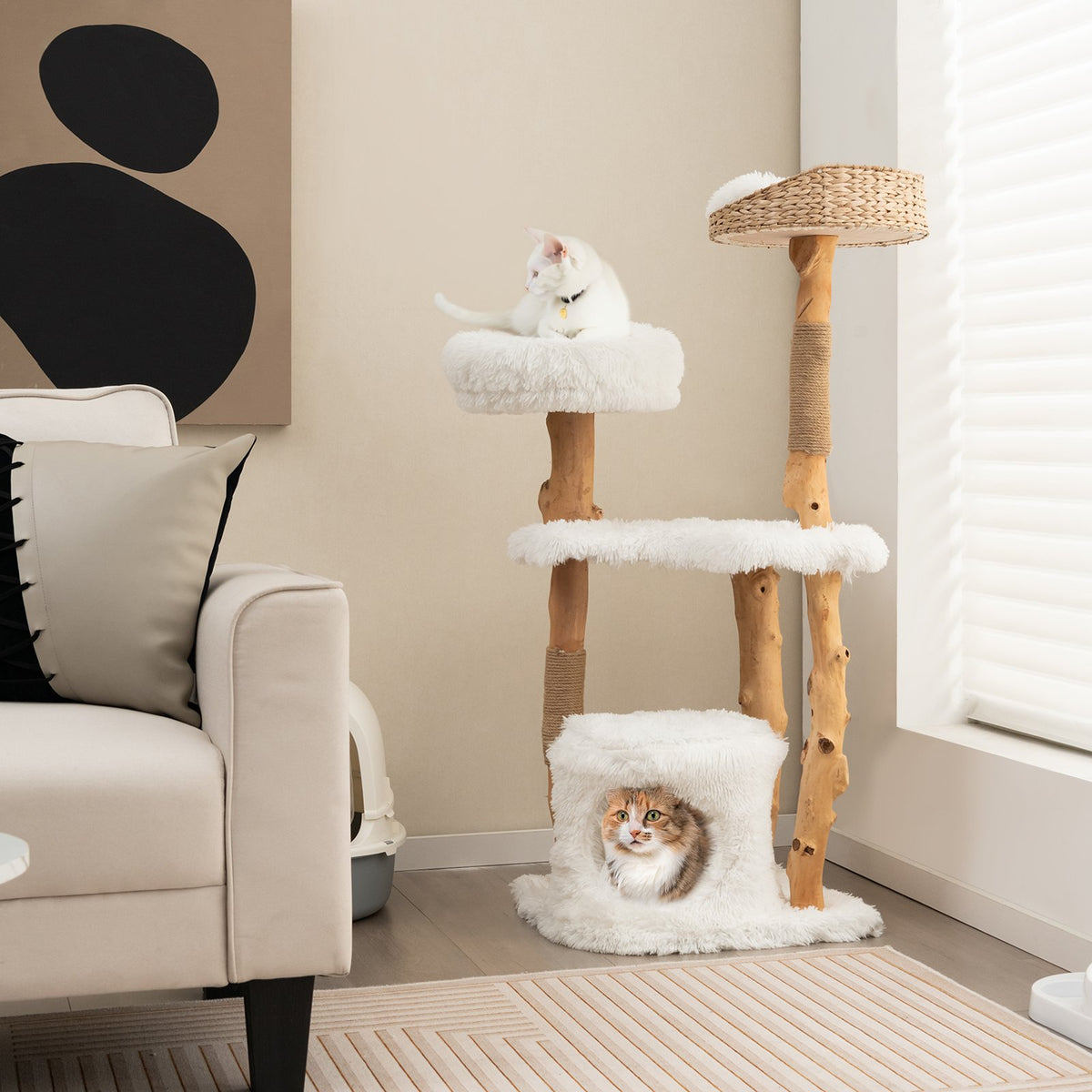 Solid Wood Cat Tower with Top Cattail Basket Cat Bed for Indoor Cats-White view 2