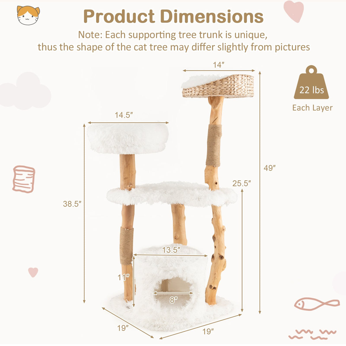 Solid Wood Cat Tower with Top Cattail Basket Cat Bed for Indoor Cats-White view 5