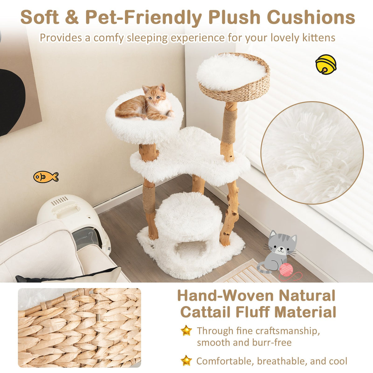Solid Wood Cat Tower with Top Cattail Basket Cat Bed for Indoor Cats-White view 7