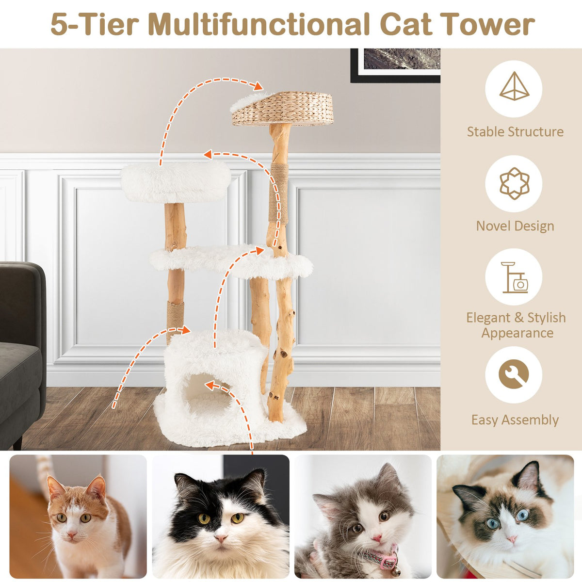 Solid Wood Cat Tower with Top Cattail Basket Cat Bed for Indoor Cats-White view 8