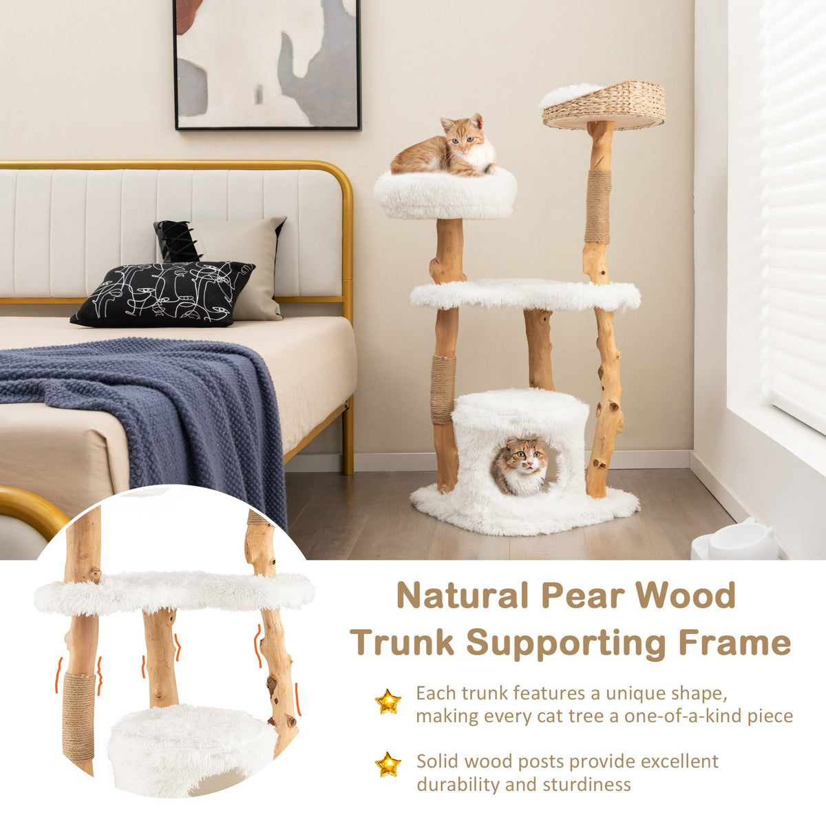 Solid Wood Cat Tower with Top Cattail Basket Cat Bed for Indoor Cats-White view 9