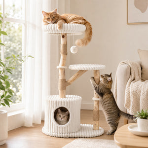 Solid Wood Cat Tree 41 Inch with Real Branches & Scratching Posts and Cozy Bed-Beige view 2