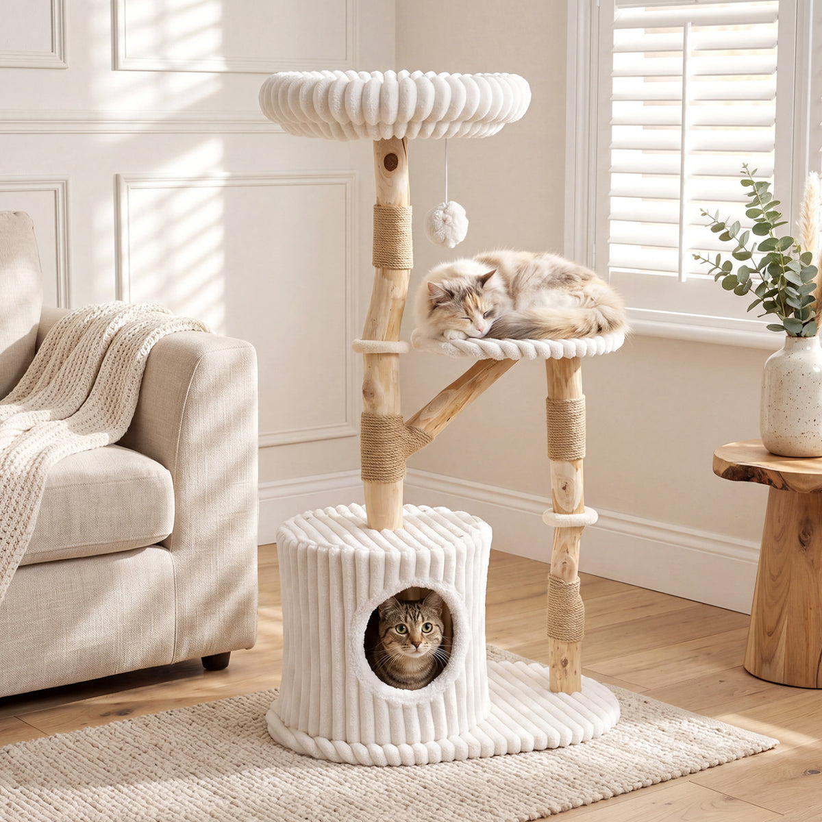 Solid Wood Cat Tree 41 Inch with Real Branches & Scratching Posts and Cozy Bed-Beige view 3