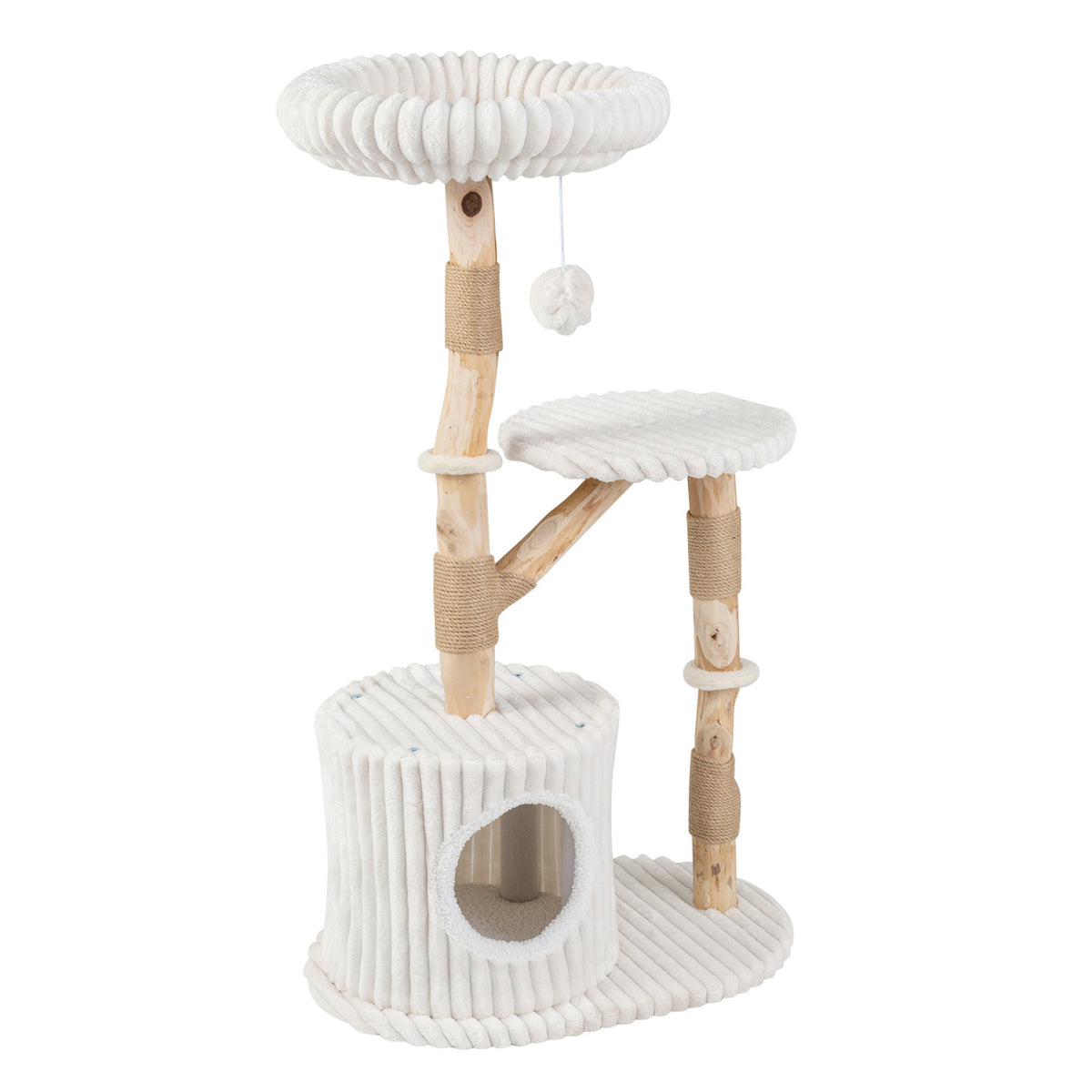 Solid Wood Cat Tree 41 Inch with Real Branches & Scratching Posts and Cozy Bed-Beige view 4