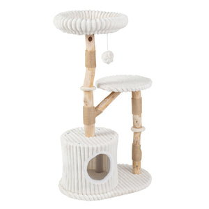 Solid Wood Cat Tree 41 Inch with Real Branches & Scratching Posts and Cozy Bed-Beige view 4