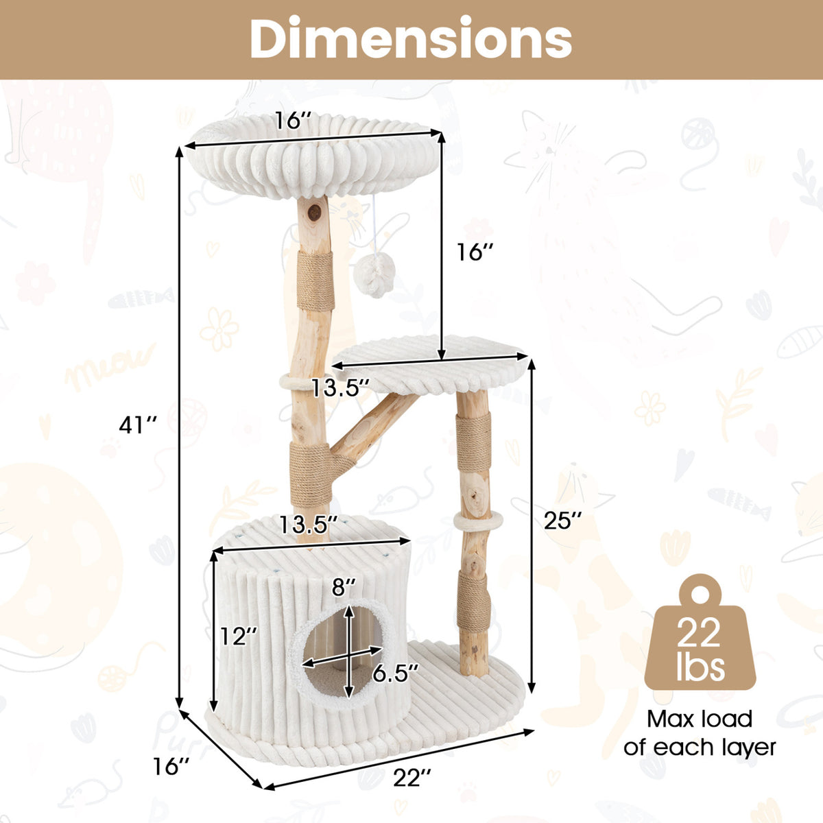 Solid Wood Cat Tree 41 Inch with Real Branches & Scratching Posts and Cozy Bed-Beige view 5
