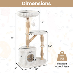 Solid Wood Cat Tree 41 Inch with Real Branches & Scratching Posts and Cozy Bed-Beige view 5