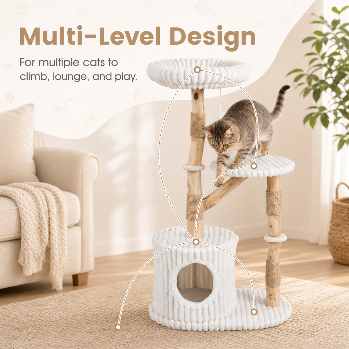 Solid Wood Cat Tree 41 Inch with Real Branches & Scratching Posts and Cozy Bed-Beige view 6