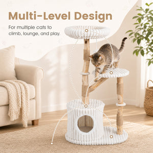 Solid Wood Cat Tree 41 Inch with Real Branches & Scratching Posts and Cozy Bed-Beige view 6
