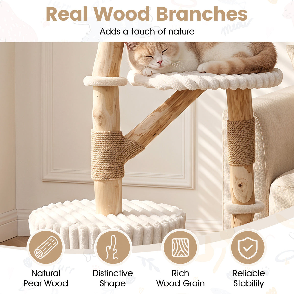 Solid Wood Cat Tree 41 Inch with Real Branches & Scratching Posts and Cozy Bed-Beige view 7