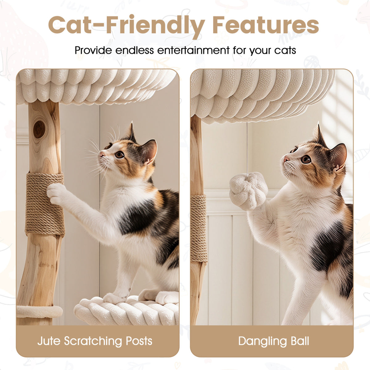 Solid Wood Cat Tree 41 Inch with Real Branches & Scratching Posts and Cozy Bed-Beige view 8