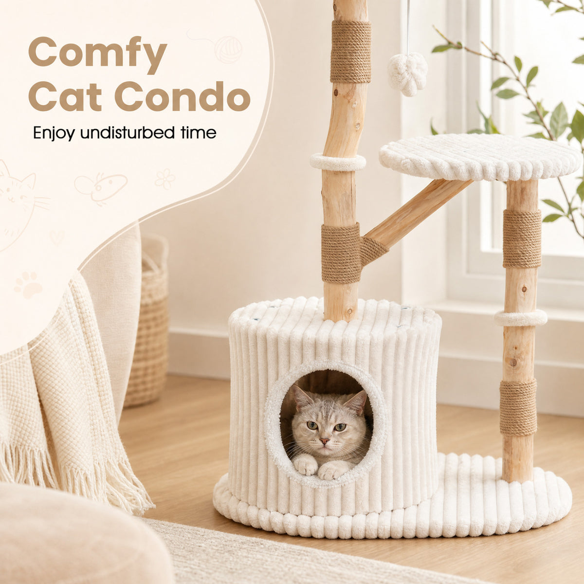 Solid Wood Cat Tree 41 Inch with Real Branches & Scratching Posts and Cozy Bed-Beige view 9