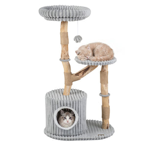 Solid Wood Cat Tree 41 Inch with Real Branches & Scratching Posts and Cozy Bed-Gray