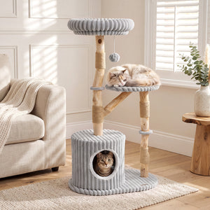 Solid Wood Cat Tree 41 Inch with Real Branches & Scratching Posts and Cozy Bed-Gray view 3