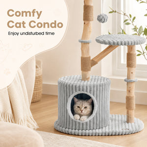 Solid Wood Cat Tree 41 Inch with Real Branches & Scratching Posts and Cozy Bed-Gray view 9
