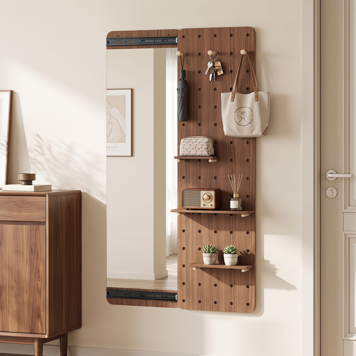 Solid Wood Full Length Mirror with Pegboard & Shelves and Hooks for Entryway-Brown view 2