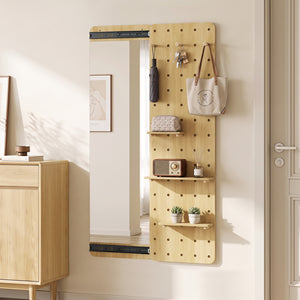 Solid Wood Full Length Mirror with Pegboard & Shelves and Hooks for Entryway-Natural view 2