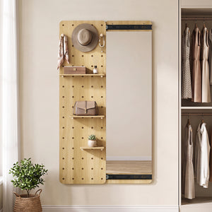 Solid Wood Full Length Mirror with Pegboard & Shelves and Hooks for Entryway-Natural view 3
