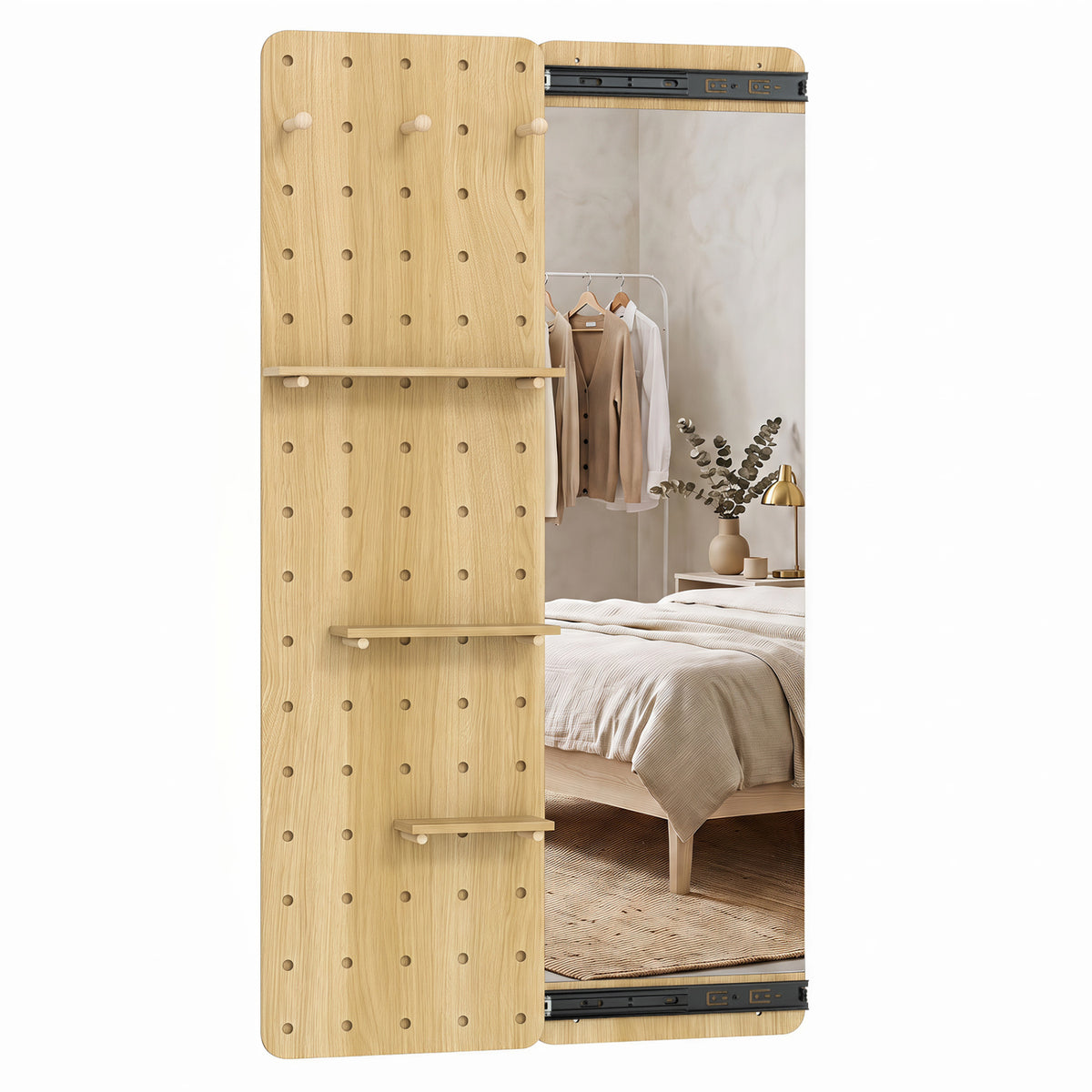 Solid Wood Full Length Mirror with Pegboard & Shelves and Hooks for Entryway-Natural view 4