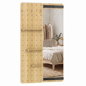 Solid Wood Full Length Mirror with Pegboard & Shelves and Hooks for Entryway-Natural view 4