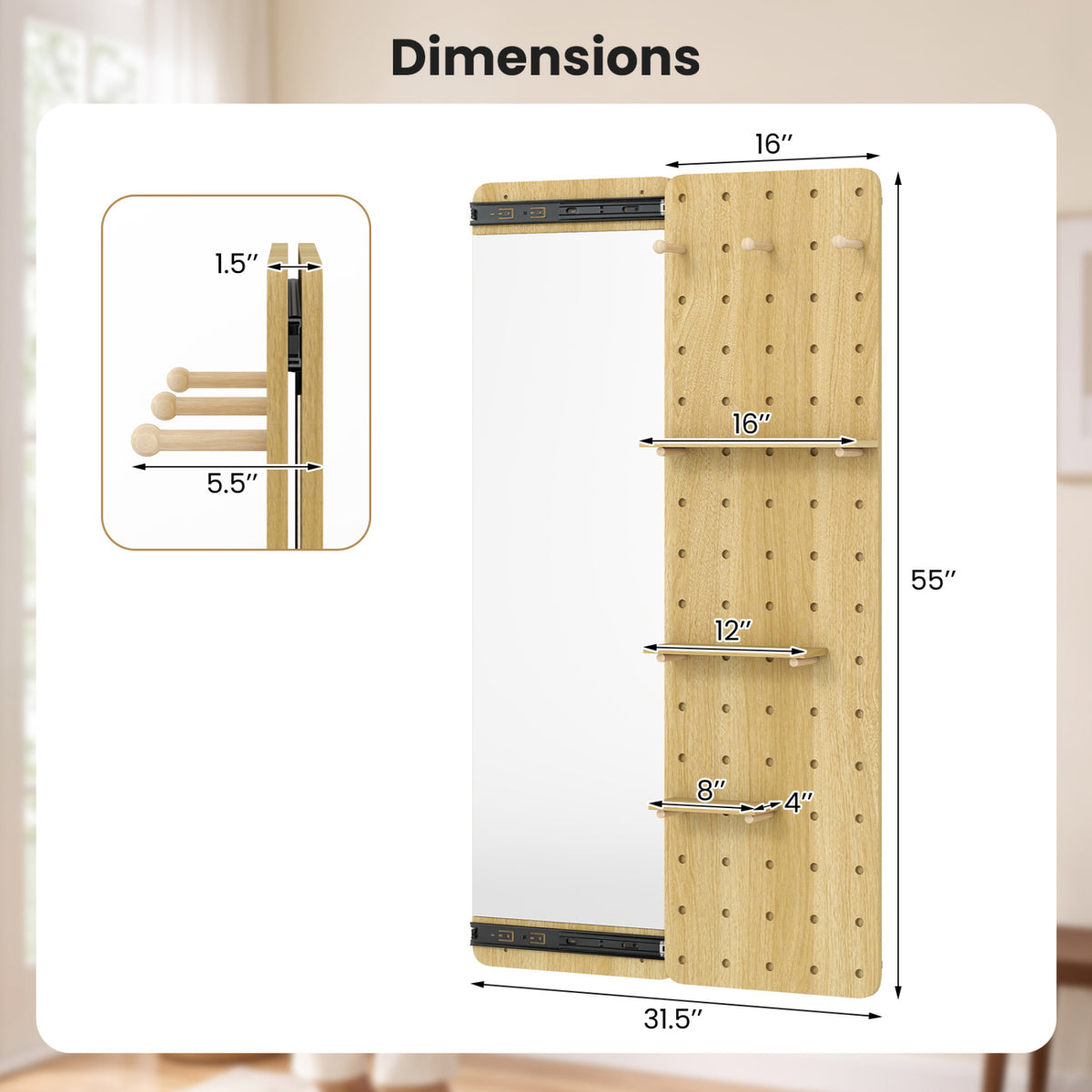 Solid Wood Full Length Mirror with Pegboard & Shelves and Hooks for Entryway-Natural view 5