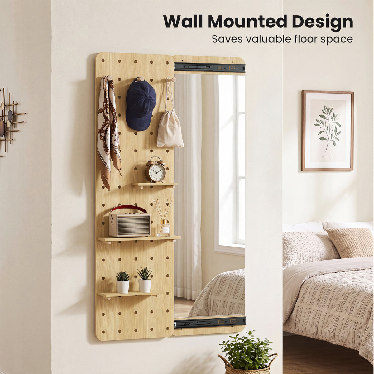 Solid Wood Full Length Mirror with Pegboard & Shelves and Hooks for Entryway-Natural view 6