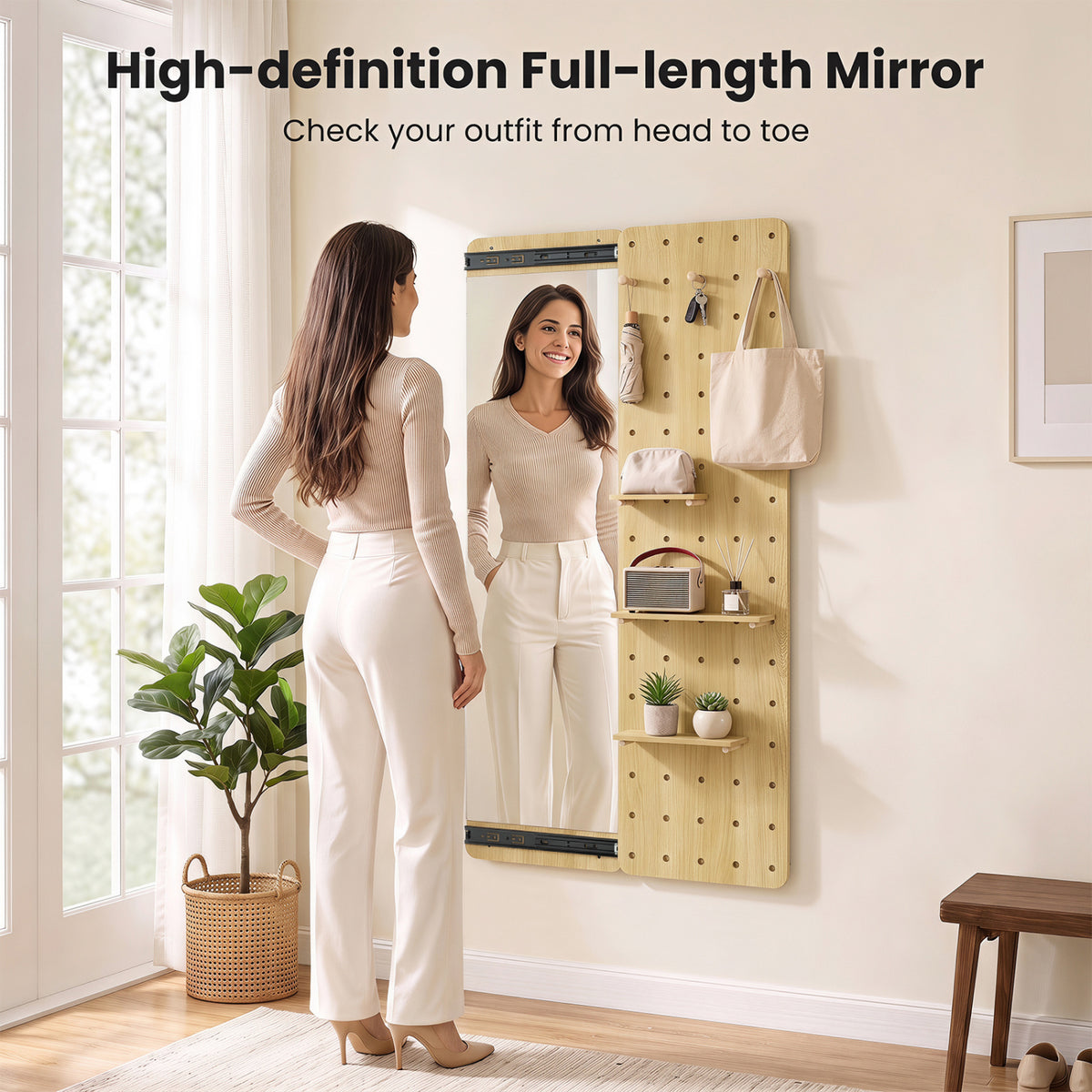 Solid Wood Full Length Mirror with Pegboard & Shelves and Hooks for Entryway-Natural view 7