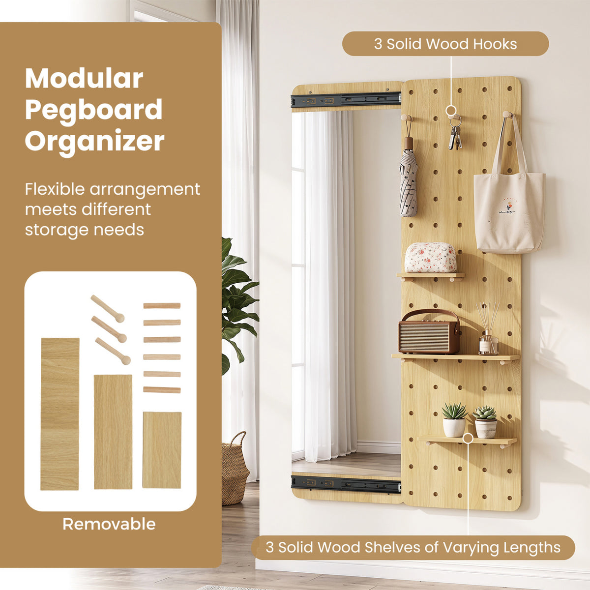 Solid Wood Full Length Mirror with Pegboard & Shelves and Hooks for Entryway-Natural view 8
