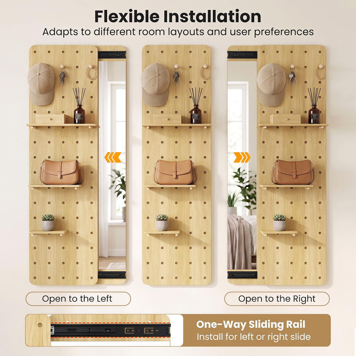 Solid Wood Full Length Mirror with Pegboard & Shelves and Hooks for Entryway-Natural view 9