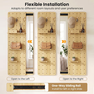 Solid Wood Full Length Mirror with Pegboard & Shelves and Hooks for Entryway-Natural view 9