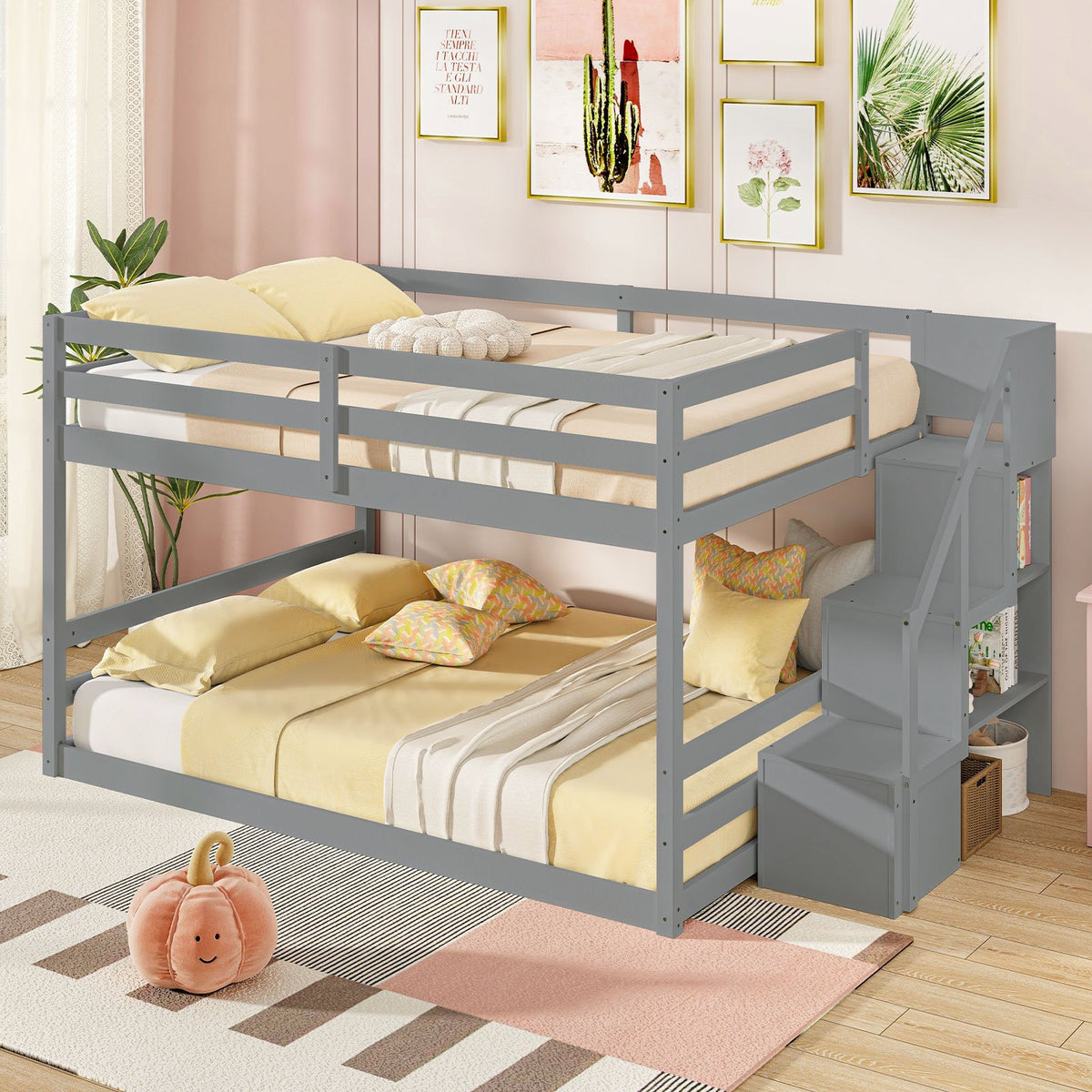 Solid Wood Full Over Full Low Bunk Bed with Storage Stairs-Gray view 2