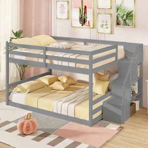 Solid Wood Full Over Full Low Bunk Bed with Storage Stairs-Gray view 2