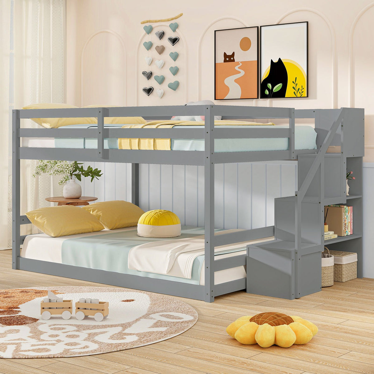 Solid Wood Full Over Full Low Bunk Bed with Storage Stairs-Gray view 3